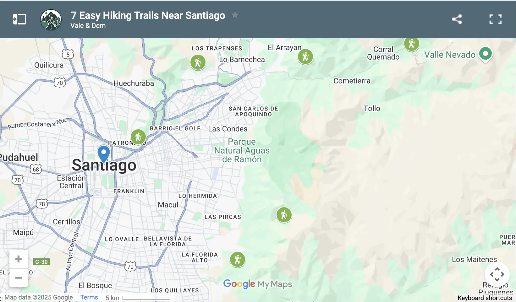 Interactive map of 7 easy hiking trails near Santiago showing trail locations.