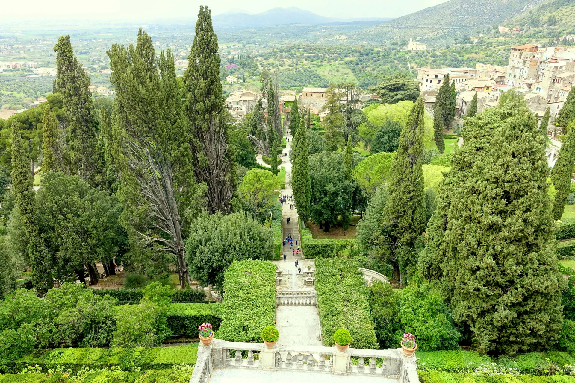 Villa d'Este Renaissance gardens in Tivoli with terraced fountains and manicured hedges above Rome