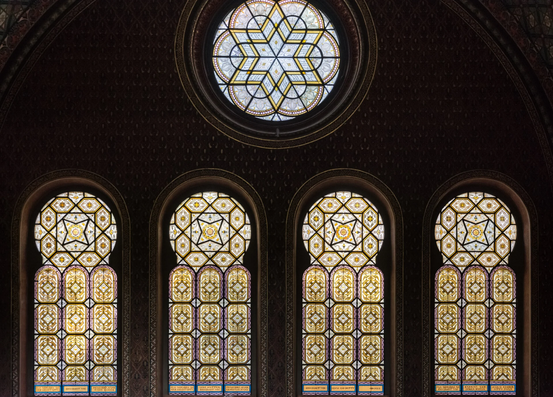 Ornate stained glass windows of the Spanish Synagogue in Prague's Jewish Quarter, in Moorish Revival style