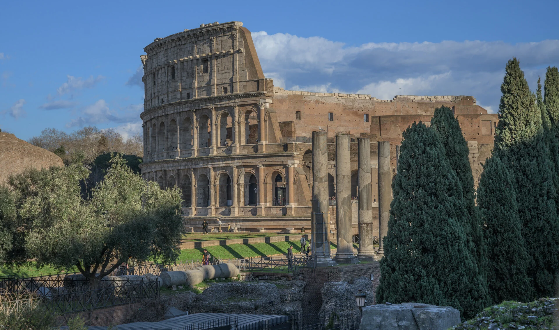 The Colosseum and the ruins of the Roman Forum in the archaeological heart of Rome