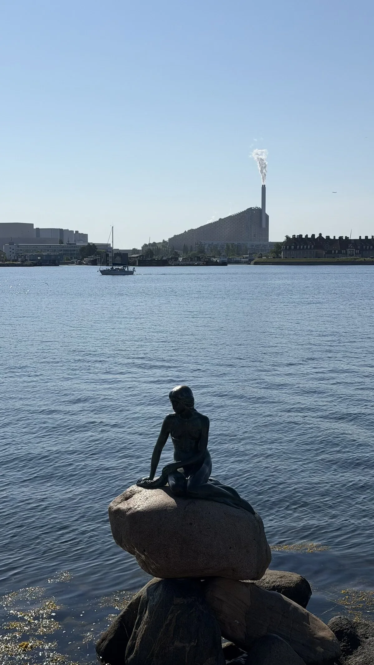 The Little Mermaid statue on her rock in Copenhagen harbour with the waterfront behind