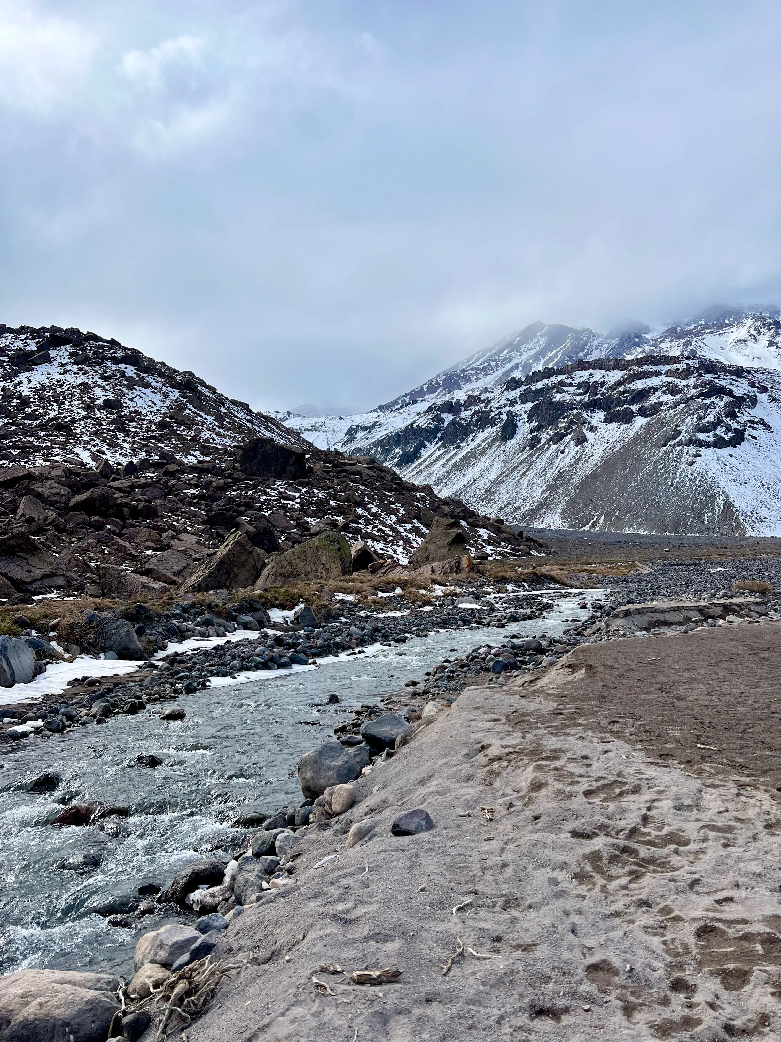 Glacial river flowing through rocky terrain at the base of Volcán San José
