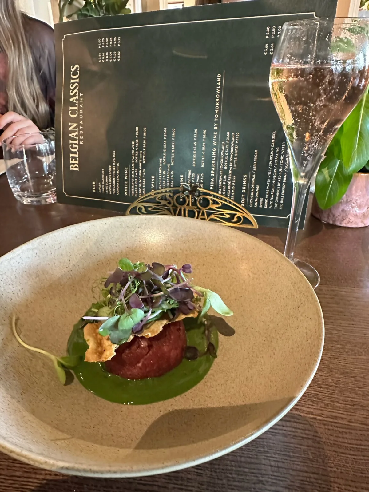 Beef tartare with basil sauce and microgreens at the Belgian Classics Experience restaurant at Tomorrowland