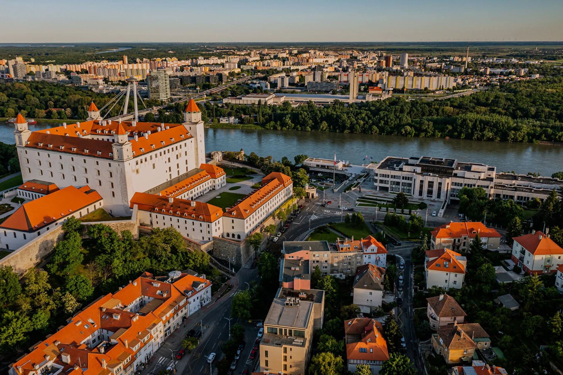Bratislava Castle perched on a hill overlooking the Danube River and the city's Old Town