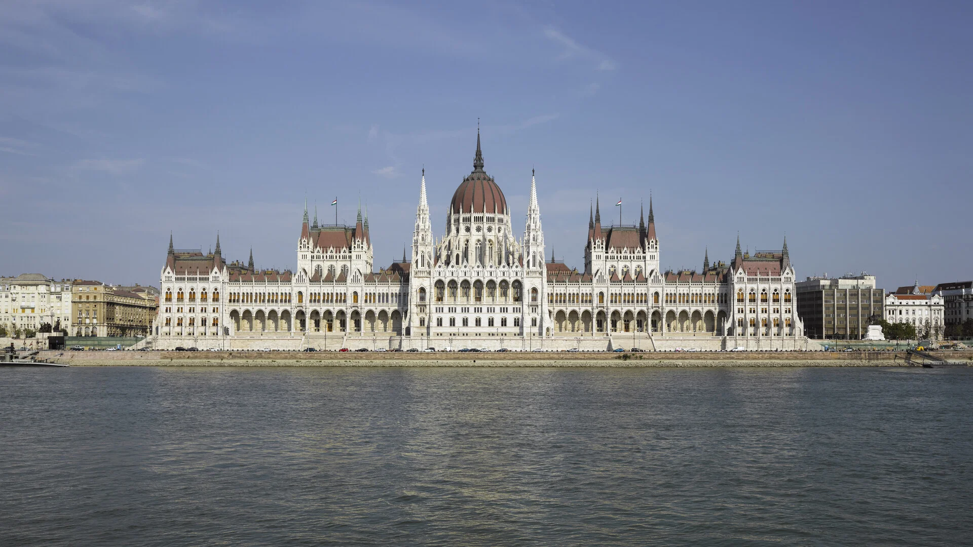 The neo-Gothic Hungarian Parliament building on the Danube riverbank in District V, Budapest